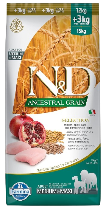 Farmina N&D Ancestral Grain Chicken & Pomegranate Selection Adult Medium Maxi Dry Dog Food 12+3kg (free) 15kg