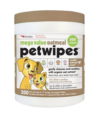 Petkin Oatmeal Mega Valu-Pack Petwipes for Dogs and Cats (200 wipes)
